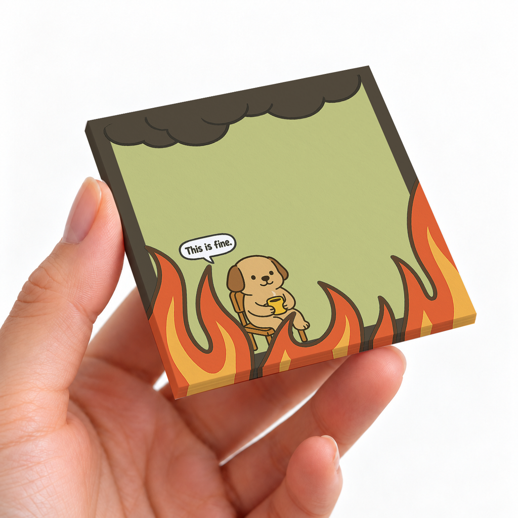 Classic "This is Fine" Dog sticky note pad on a desk with stationery