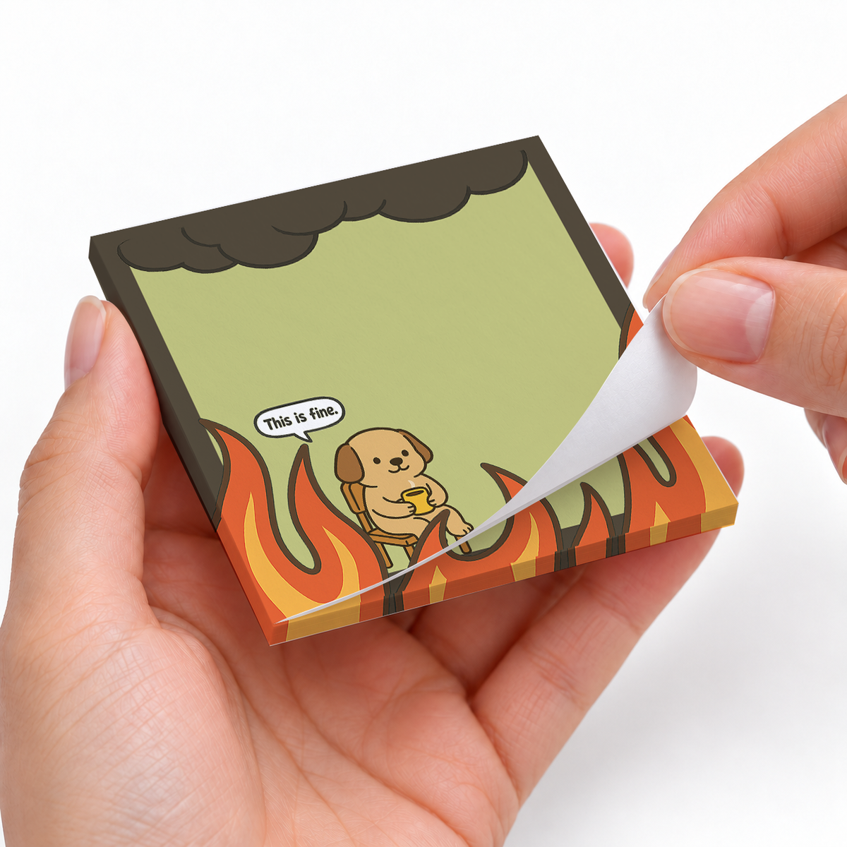 Classic "This is Fine" Dog sticky notes styled with a planner and desk accessories