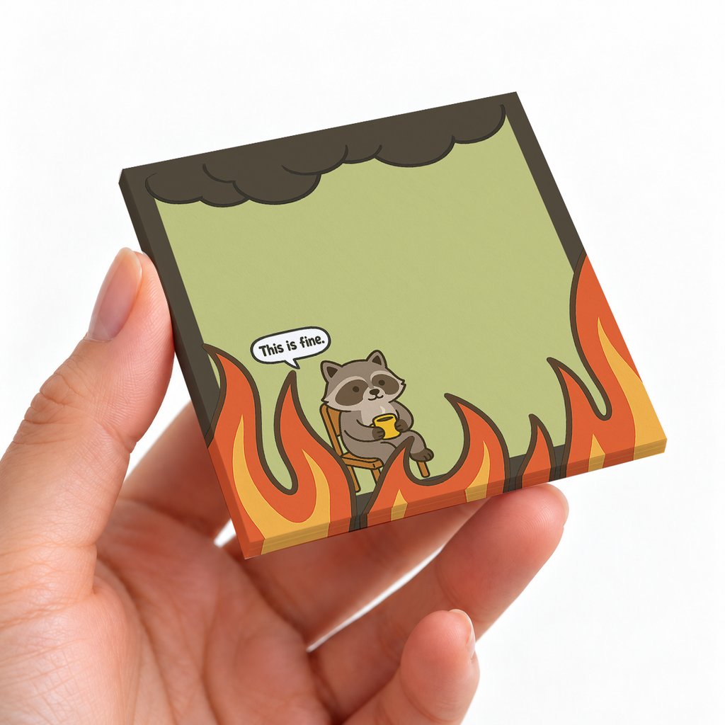 Raccoon "This is Fine" sticky note pad on a desk with stationery