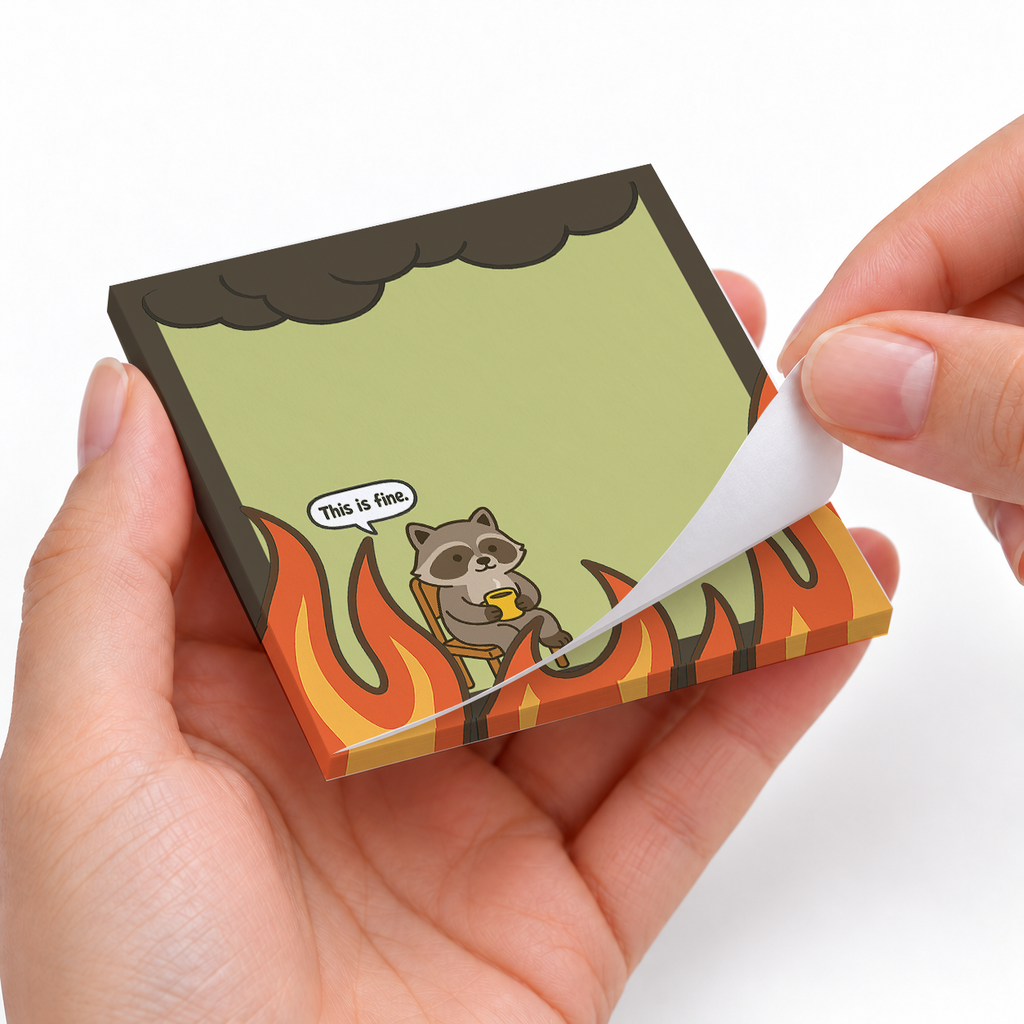 Raccoon "This is Fine" sticky notes styled with a planner and desk accessories