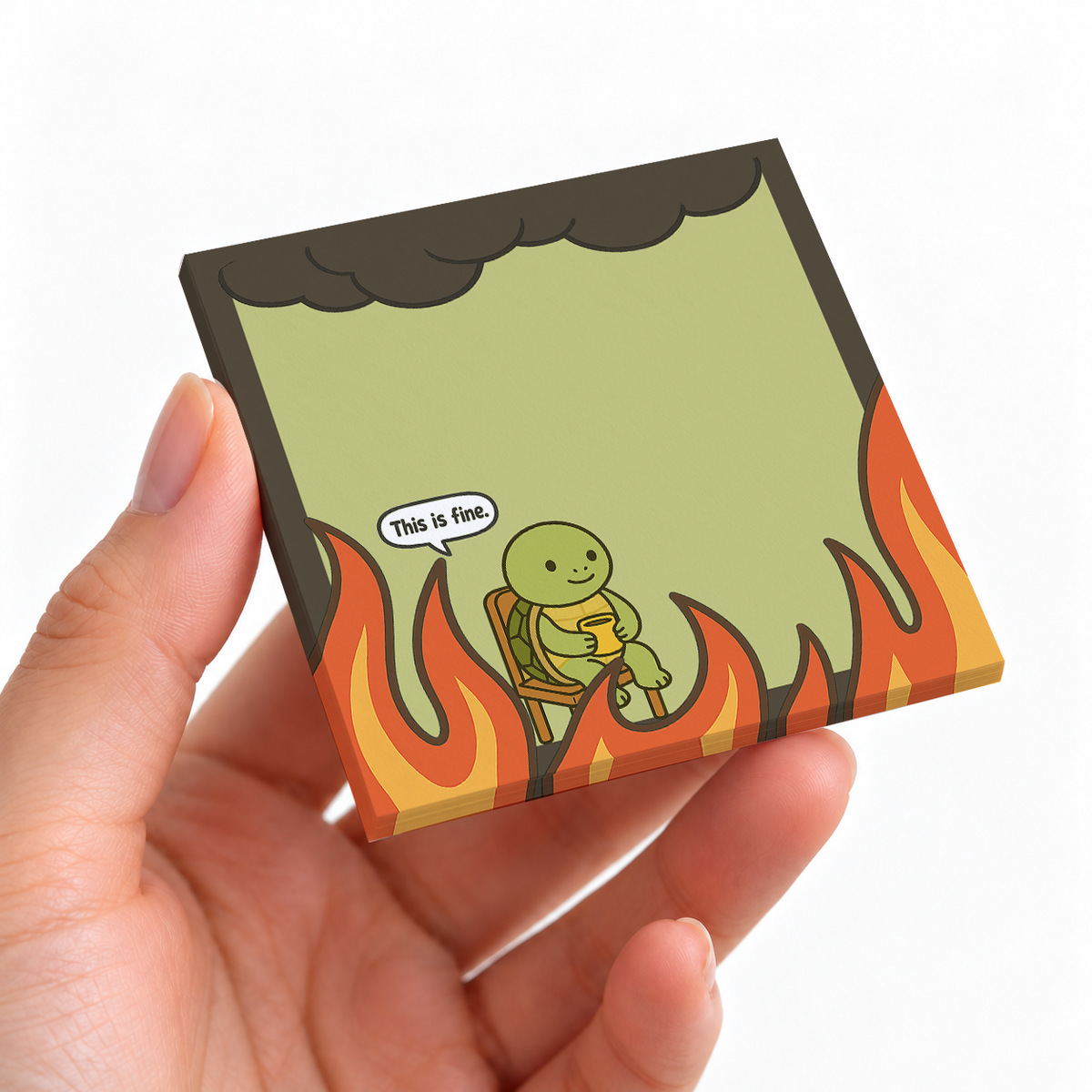 This is Fine Turtle Meme sticky note pad on a desk with stationery