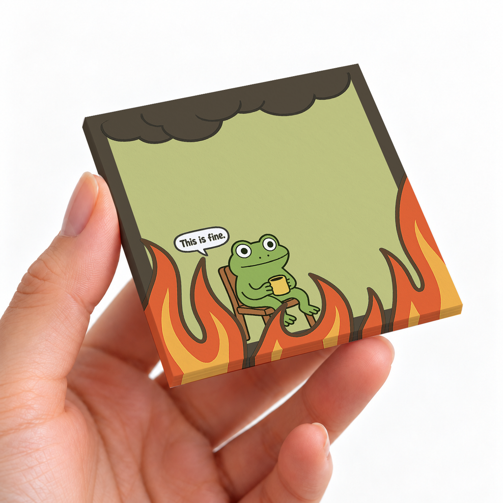 This is Fine Frog Humor sticky note pad on a desk with stationery