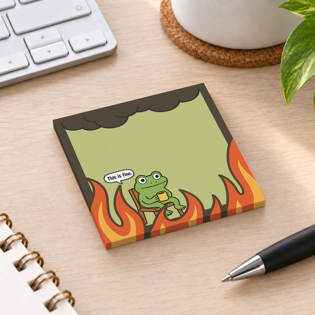 Close-up of This is Fine Frog Humor sticky note design and writable area