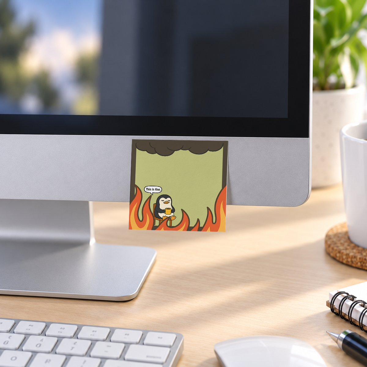 This is Fine Penguin Sarcastic memo pad in an office or home workspace