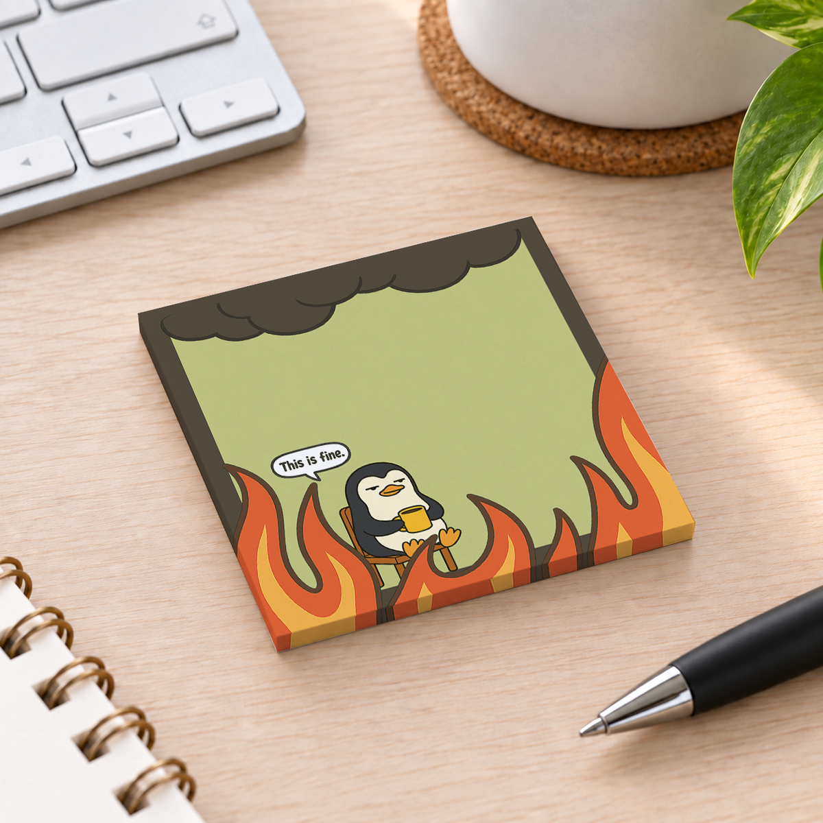 Close-up of This is Fine Penguin Sarcastic sticky note design and writable area