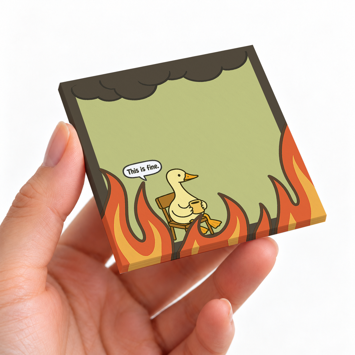 This is Fine Duck Meme sticky note pad on a desk with stationery