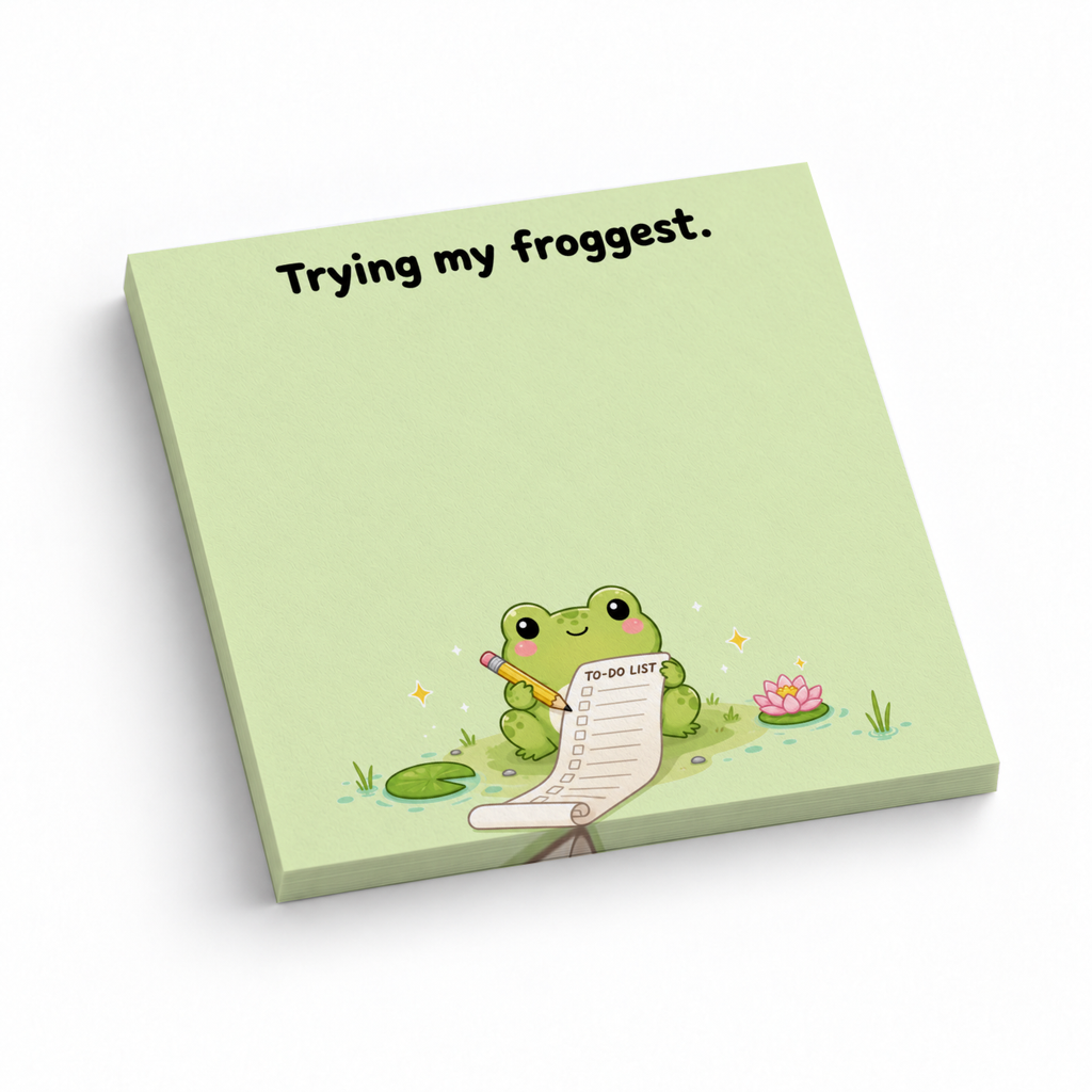 Green 3 x 3 inch sticky note pad with “Trying my froggest.” and a cute frog holding a pencil and to-do list.