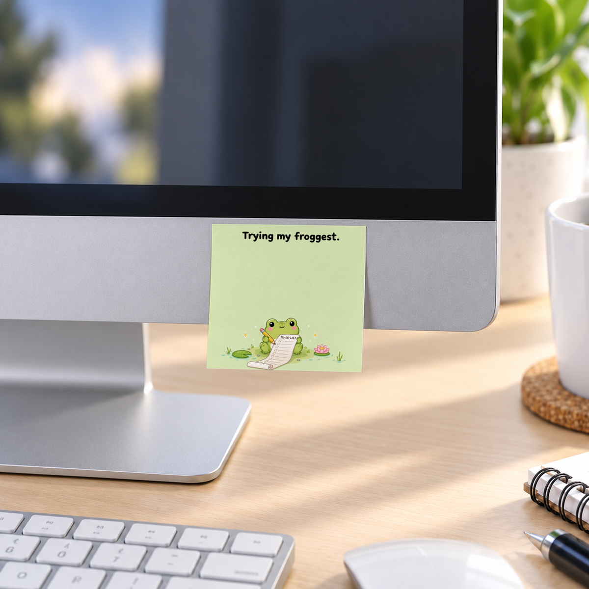 Green Trying My Froggest frog sticky note on a desktop monitor, with a cute frog holding a to-do list.
