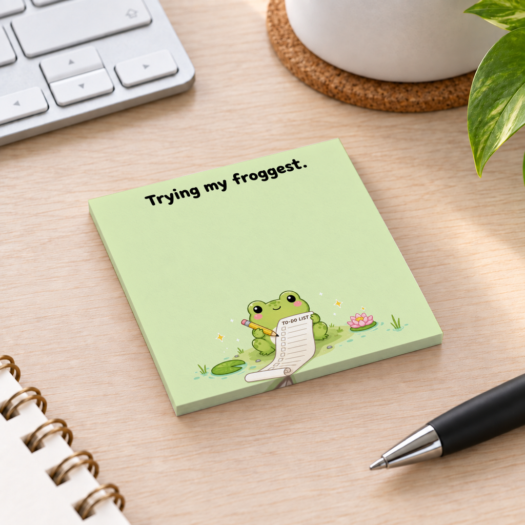 Green frog sticky note pad reading “Trying my froggest.” on a desk beside a keyboard, pen, notebook, and plant.