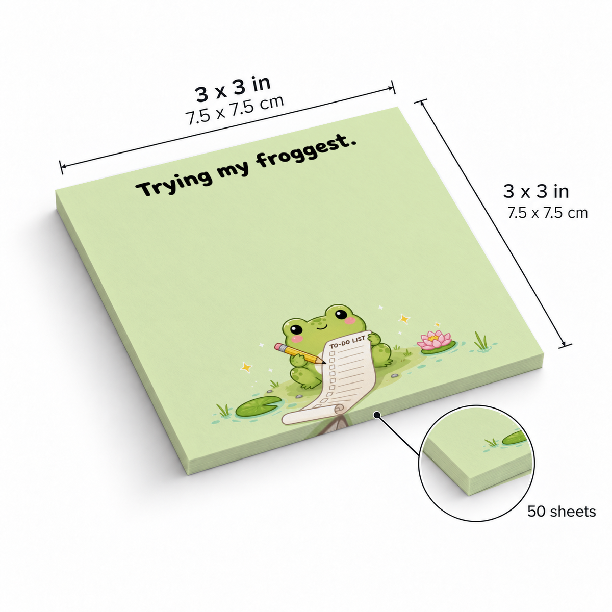 Green frog sticky note pad with “Trying my froggest” text, labeled 3 x 3 inches and 50 sheets.