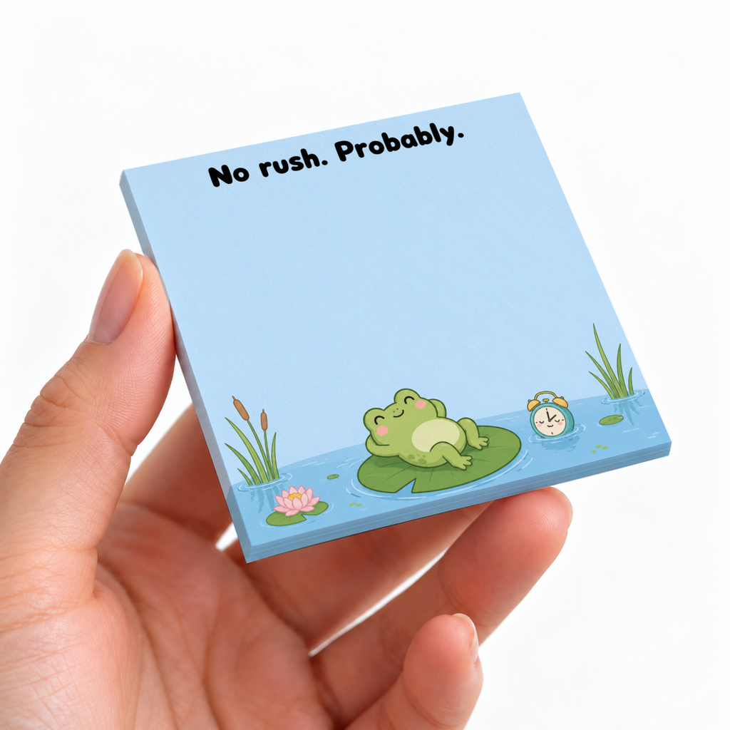 Hand holding a blue frog sticky note pad reading “No rush. Probably.” with a lounging frog on a lily pad.