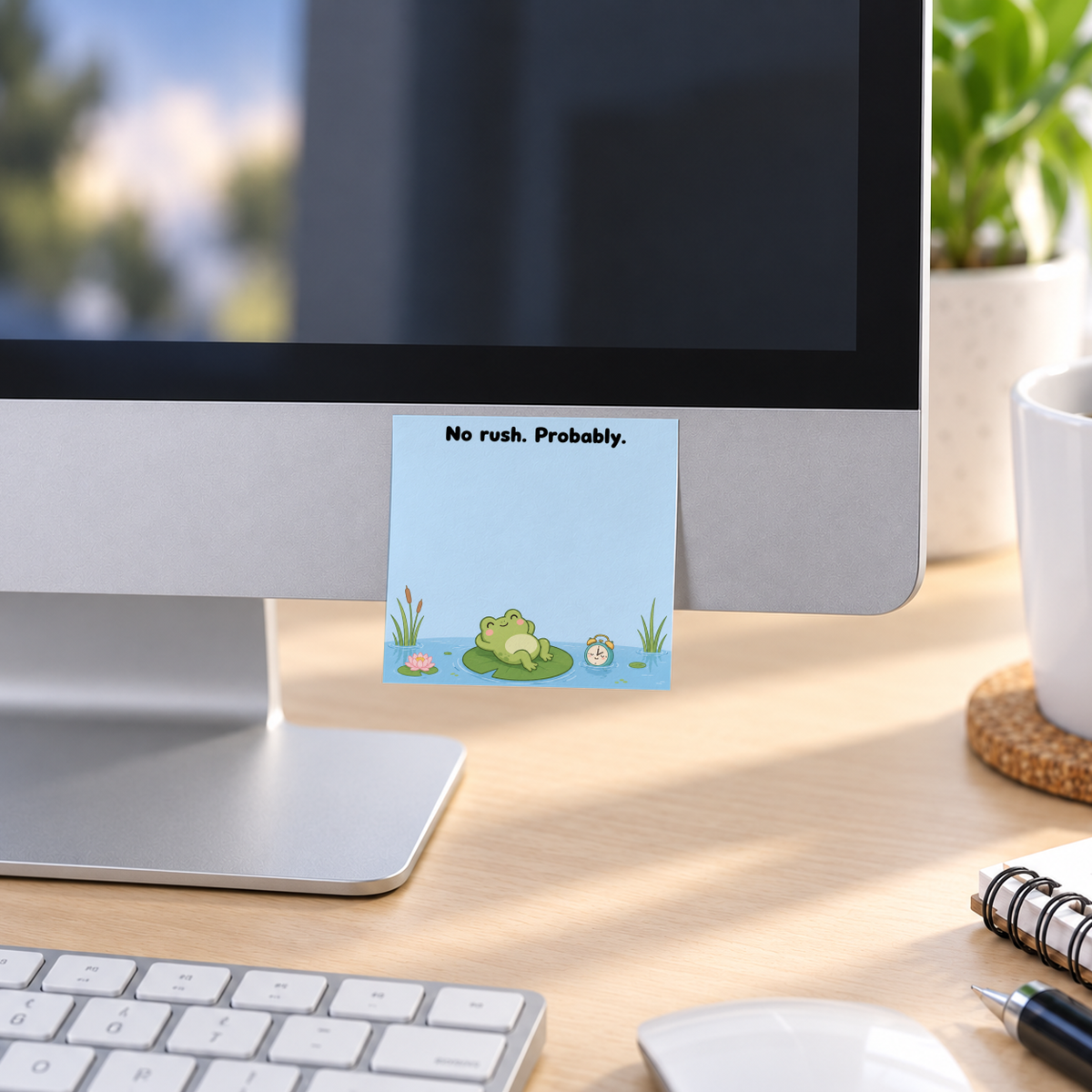 Blue “No Rush. Probably.” frog sticky note attached to a desktop monitor above a keyboard and mouse.