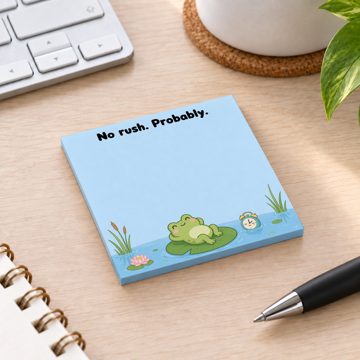 Blue frog sticky note pad reading “No rush. Probably.” on a wooden desk beside a keyboard, pen, notebook, and plant.