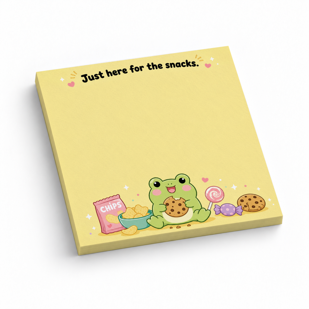 Yellow 3 x 3 inch sticky note pad with a cute frog, chips, cookies, candy, and “Just here for the snacks.”