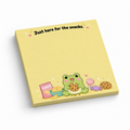 Yellow 3 x 3 inch sticky note pad with a cute frog, chips, cookies, candy, and “Just here for the snacks.”
