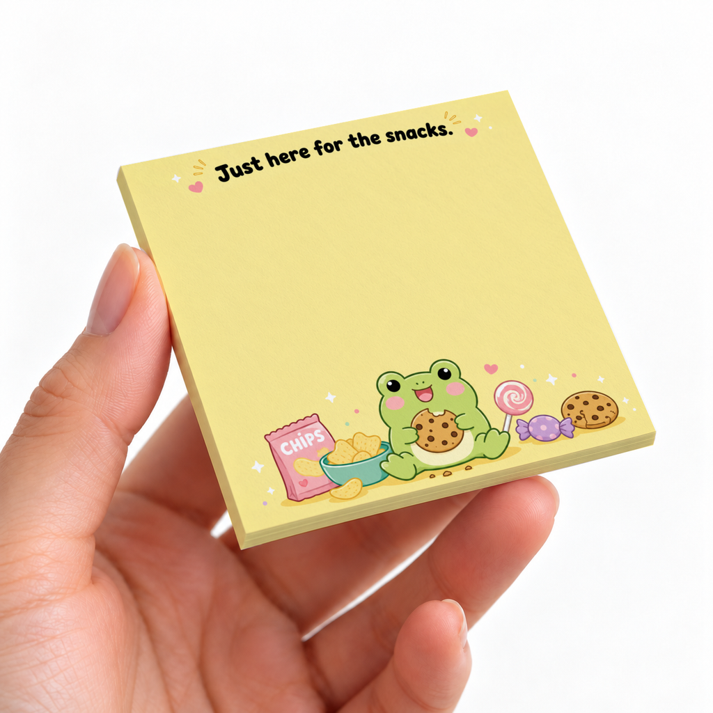 Hand holding a yellow frog sticky note pad with chips, cookies, candy, and “Just here for the snacks.”