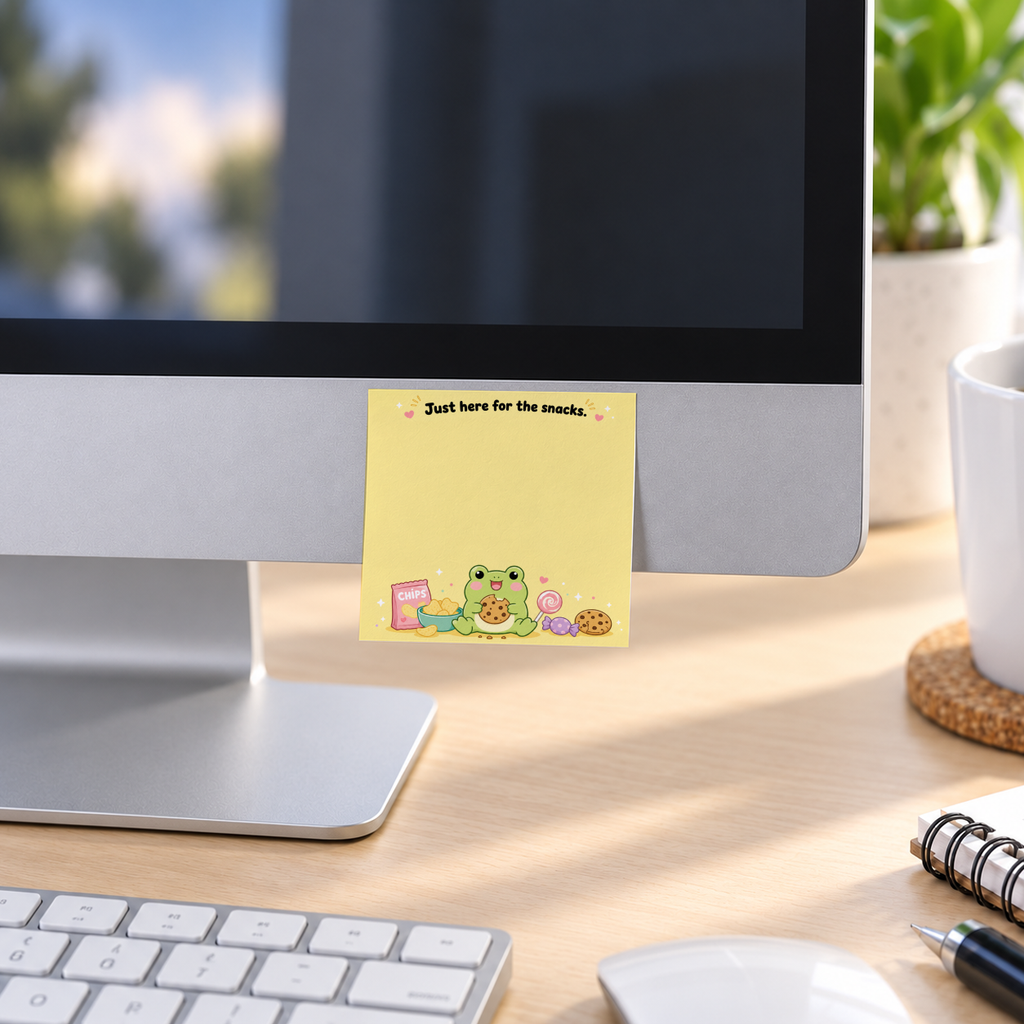 A yellow 3 x 3 inch frog and snacks sticky note pad is attached to a desktop monitor above a keyboard and mouse.