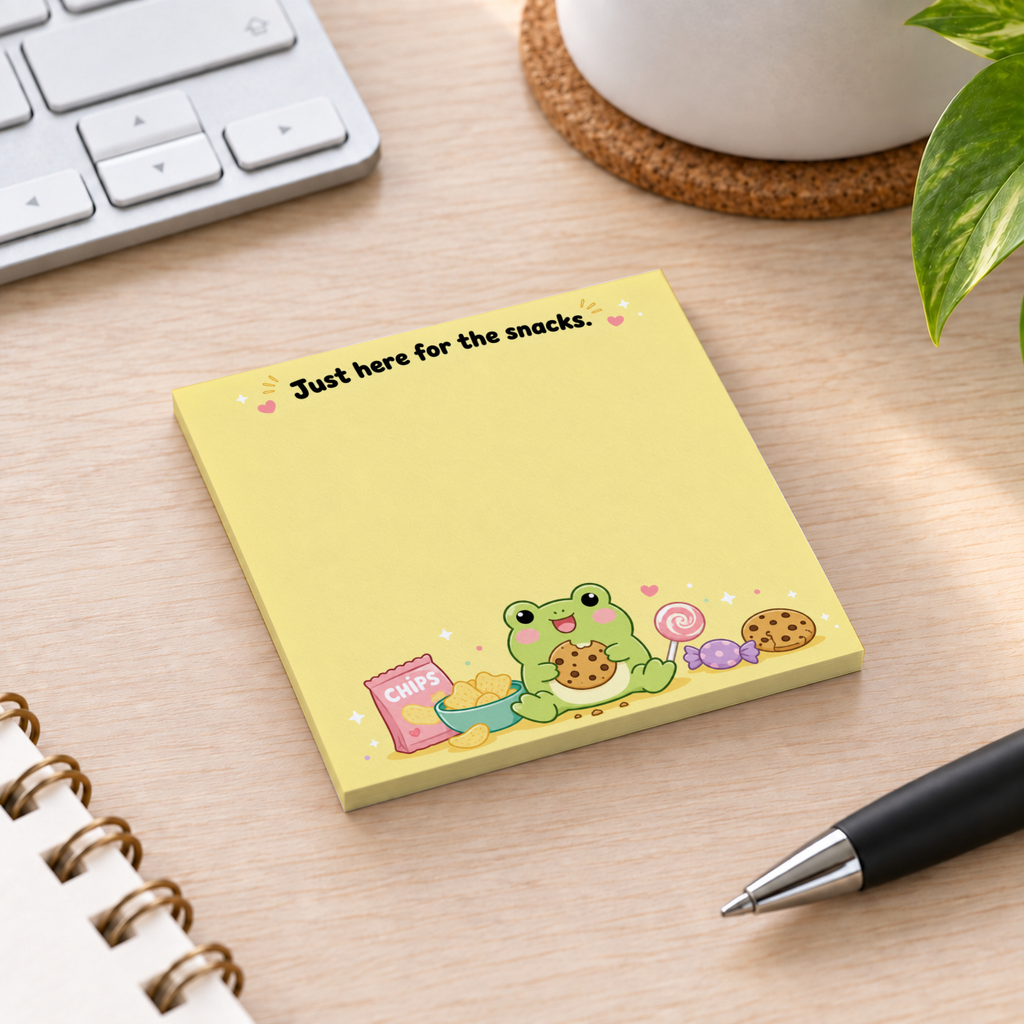 Yellow frog and snacks sticky note pad on a wooden desk beside a keyboard, pen, notebook, and potted plant.