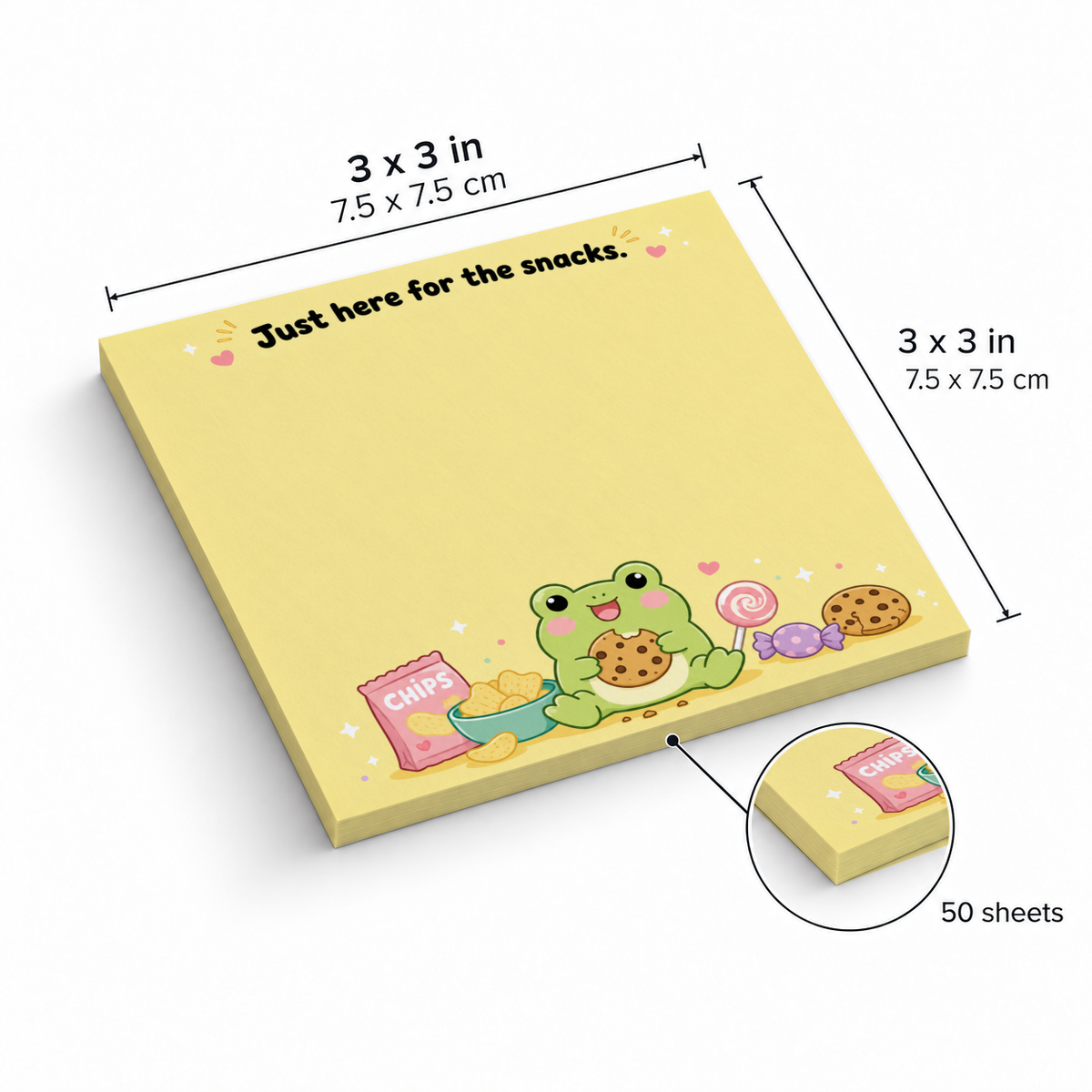 Yellow frog and snacks sticky note pad shown as 3 x 3 inches (7.5 x 7.5 cm) with 50 sheets.