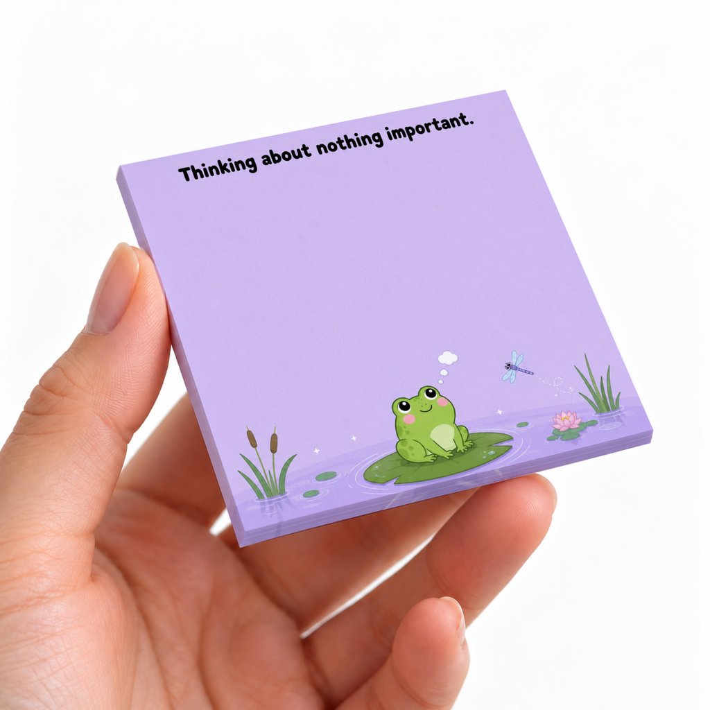 Hand holding a purple 3 x 3 sticky note pad with a frog on a lily pad and “Thinking about nothing important.”