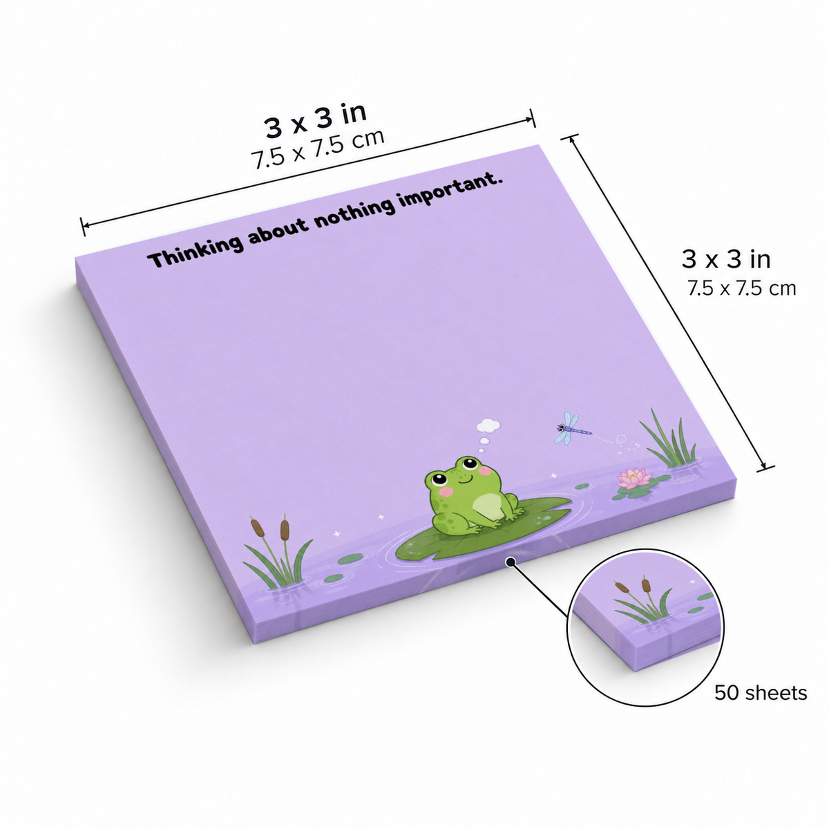Purple thinking frog pond sticky note pad has 50 sheets and measures 3 x 3 in (7.5 x 7.5 cm).