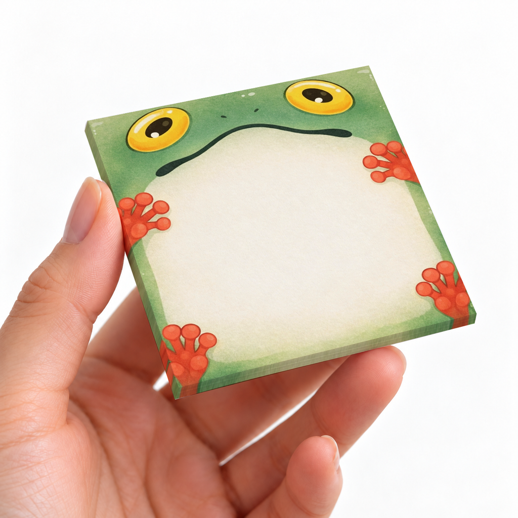 Peeking Frog with Red Toes sticky note pad on a desk with stationery