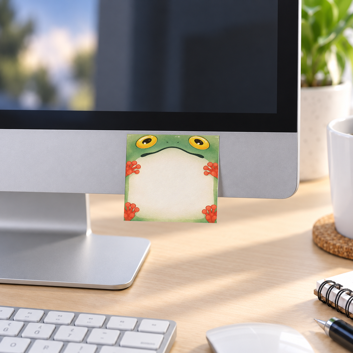 Peeking Frog with Red Toes memo pad in an office or home workspace