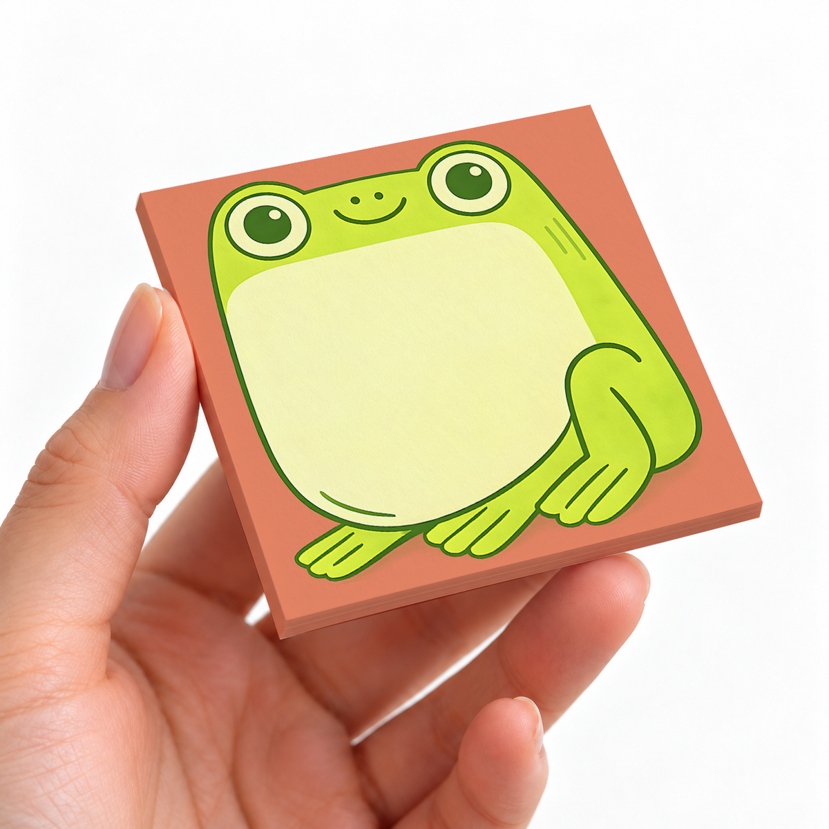 Happy Green Frog Belly sticky note pad on a desk with stationery