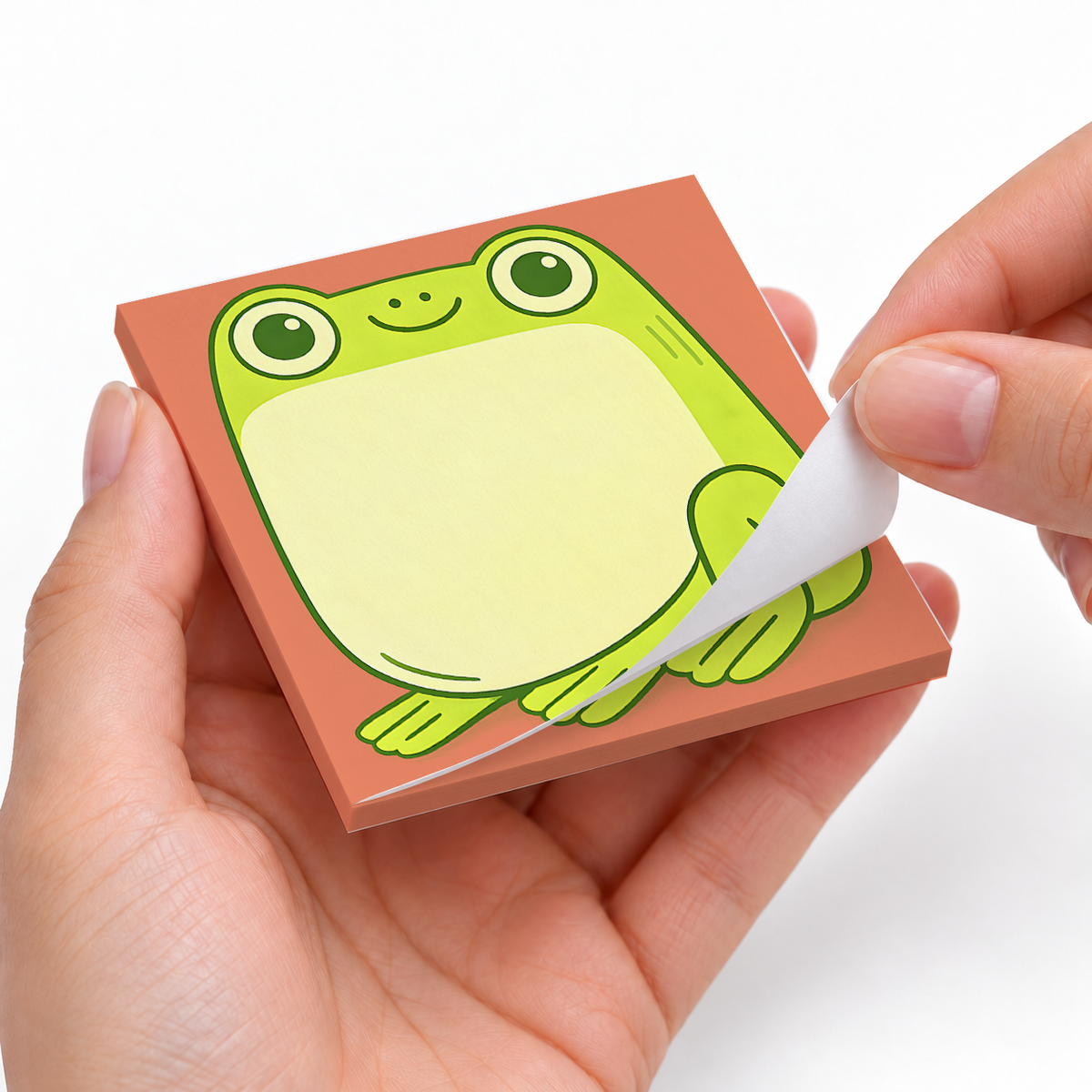 Happy Green Frog Belly sticky notes styled with a planner and desk accessories