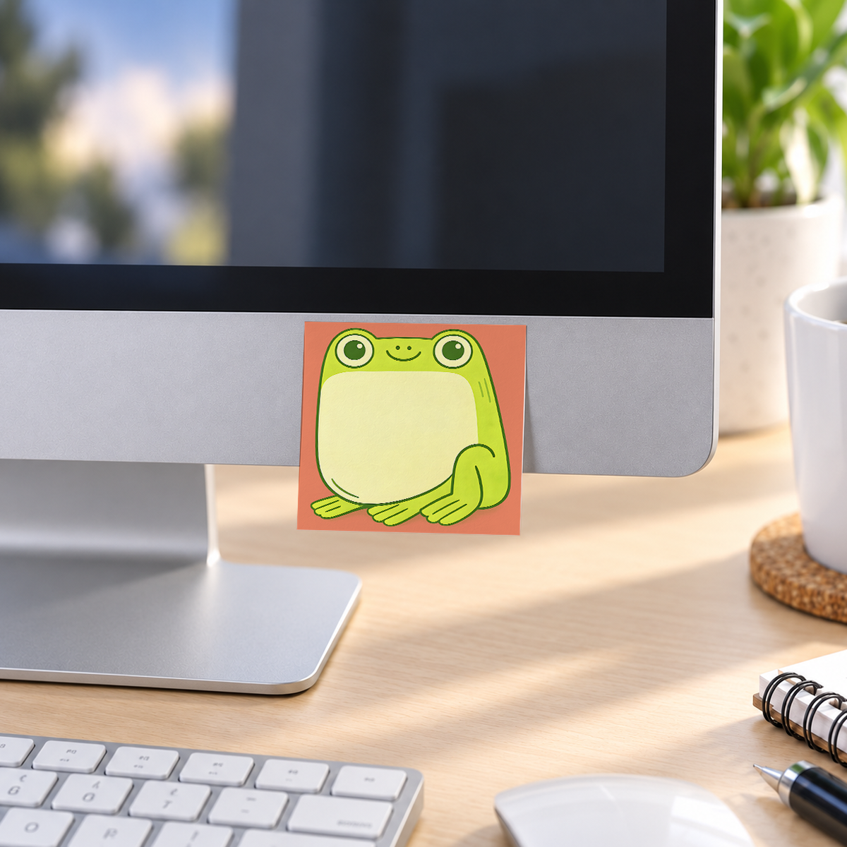 Happy Green Frog Belly memo pad in an office or home workspace