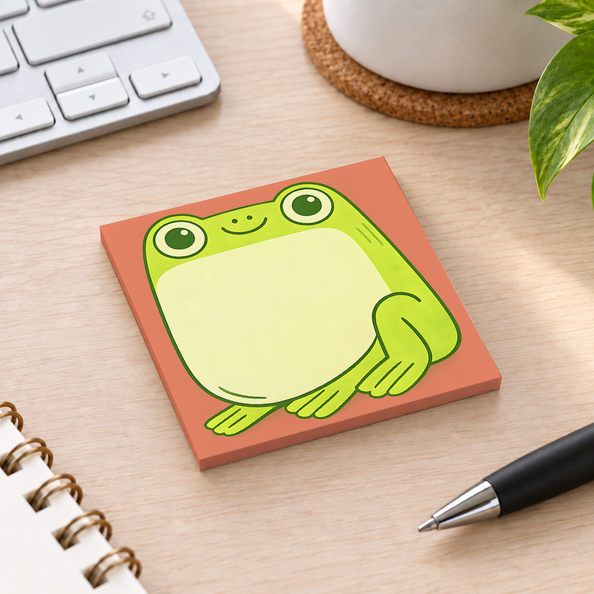 Close-up of Happy Green Frog Belly sticky note design and writable area