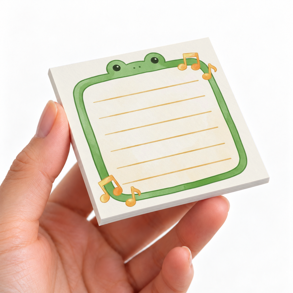 Musical Frog Border Lined sticky note pad on a desk with stationery