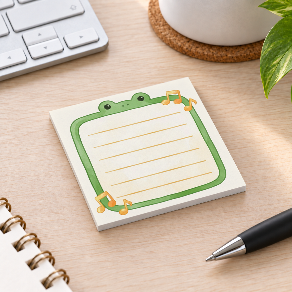 Close-up of Musical Frog Border Lined sticky note design and writable area
