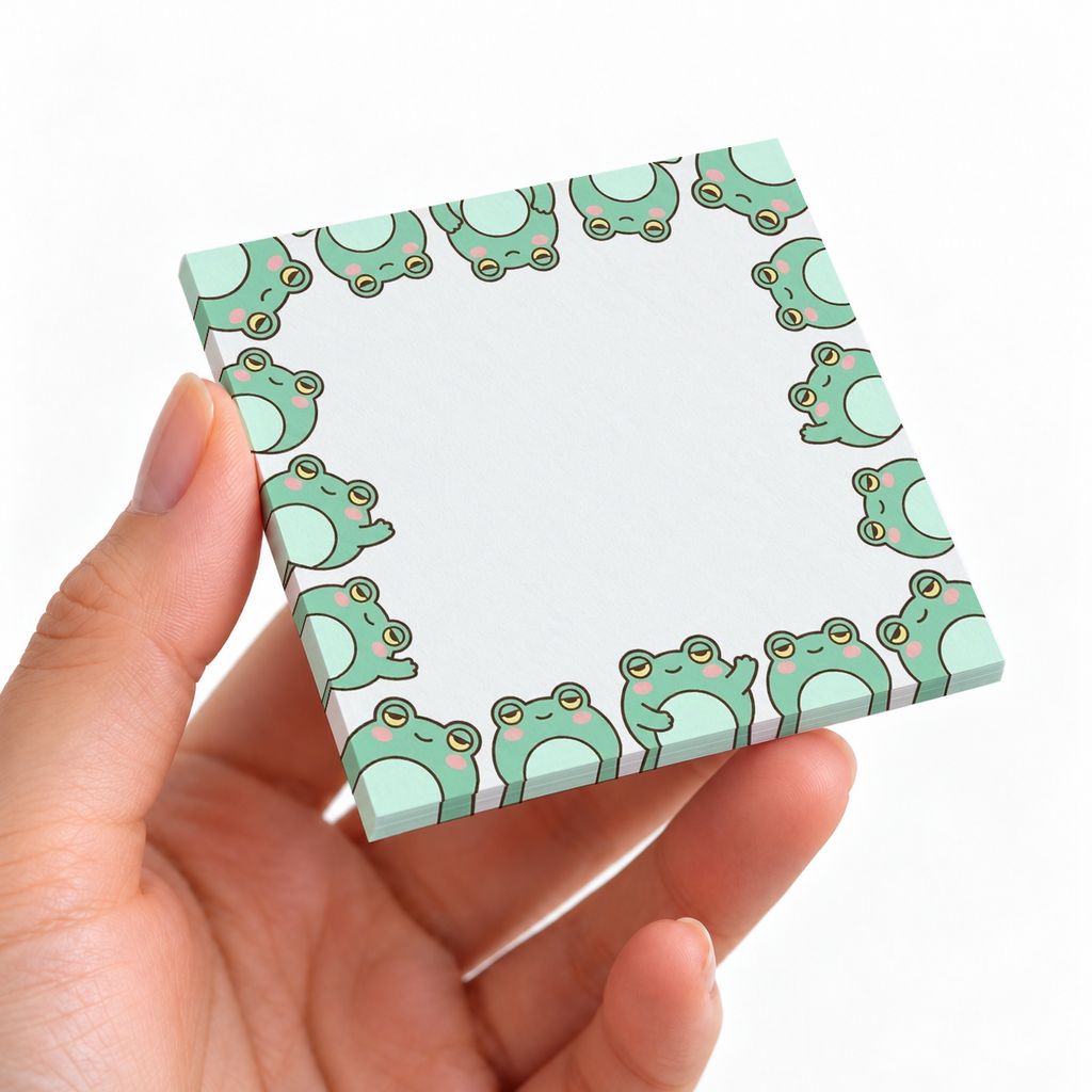 Little Frogs Border sticky note pad on a desk with stationery