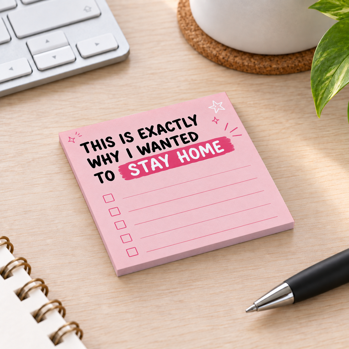 Close-up of Stay Home Pink Checklist sticky note design and writable area