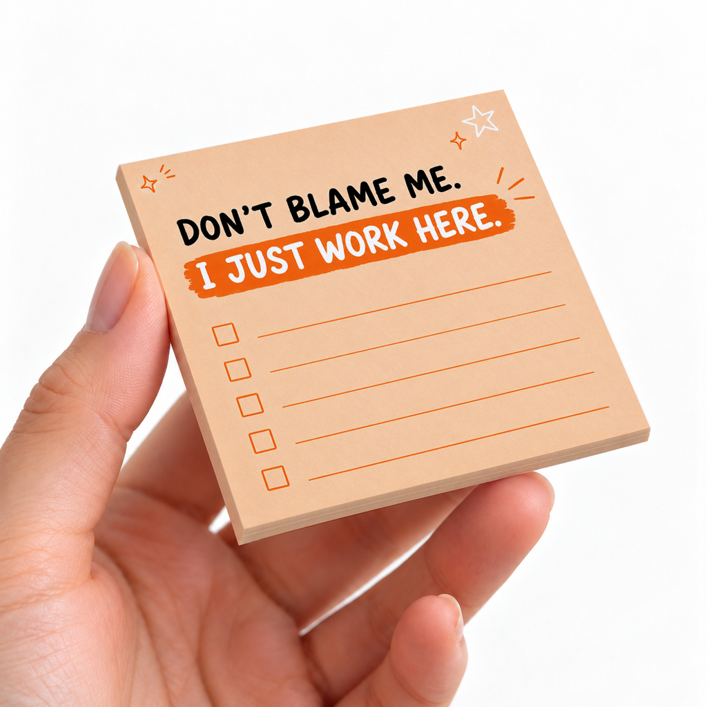 I Just Work Here Orange Checklist sticky note pad on a desk with stationery