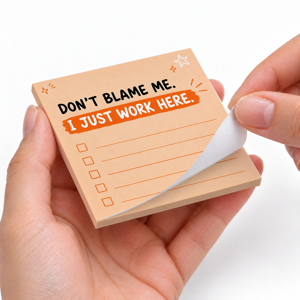 I Just Work Here Orange Checklist sticky notes styled with a planner and desk accessories