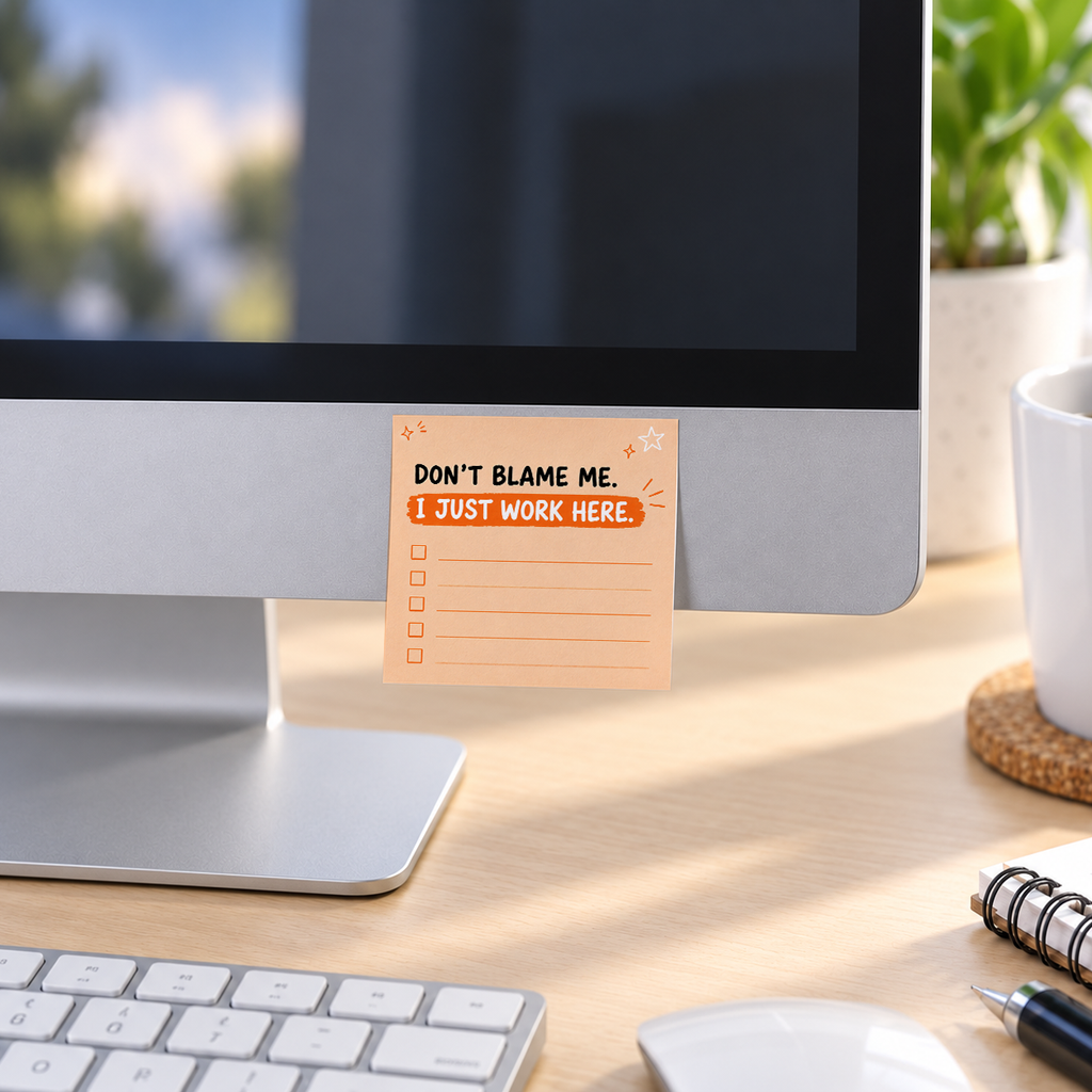 I Just Work Here Orange Checklist memo pad in an office or home workspace