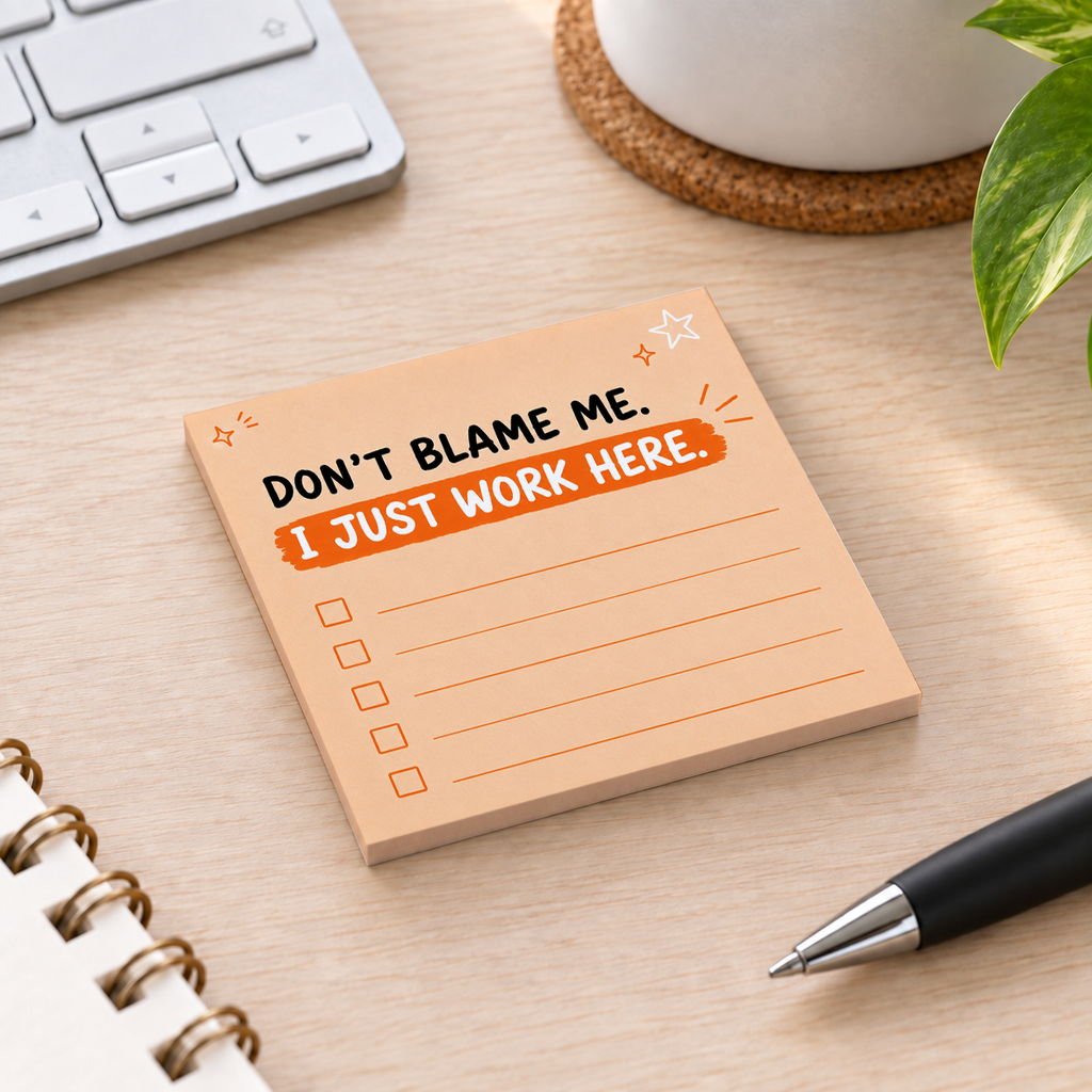 Close-up of I Just Work Here Orange Checklist sticky note design and writable area