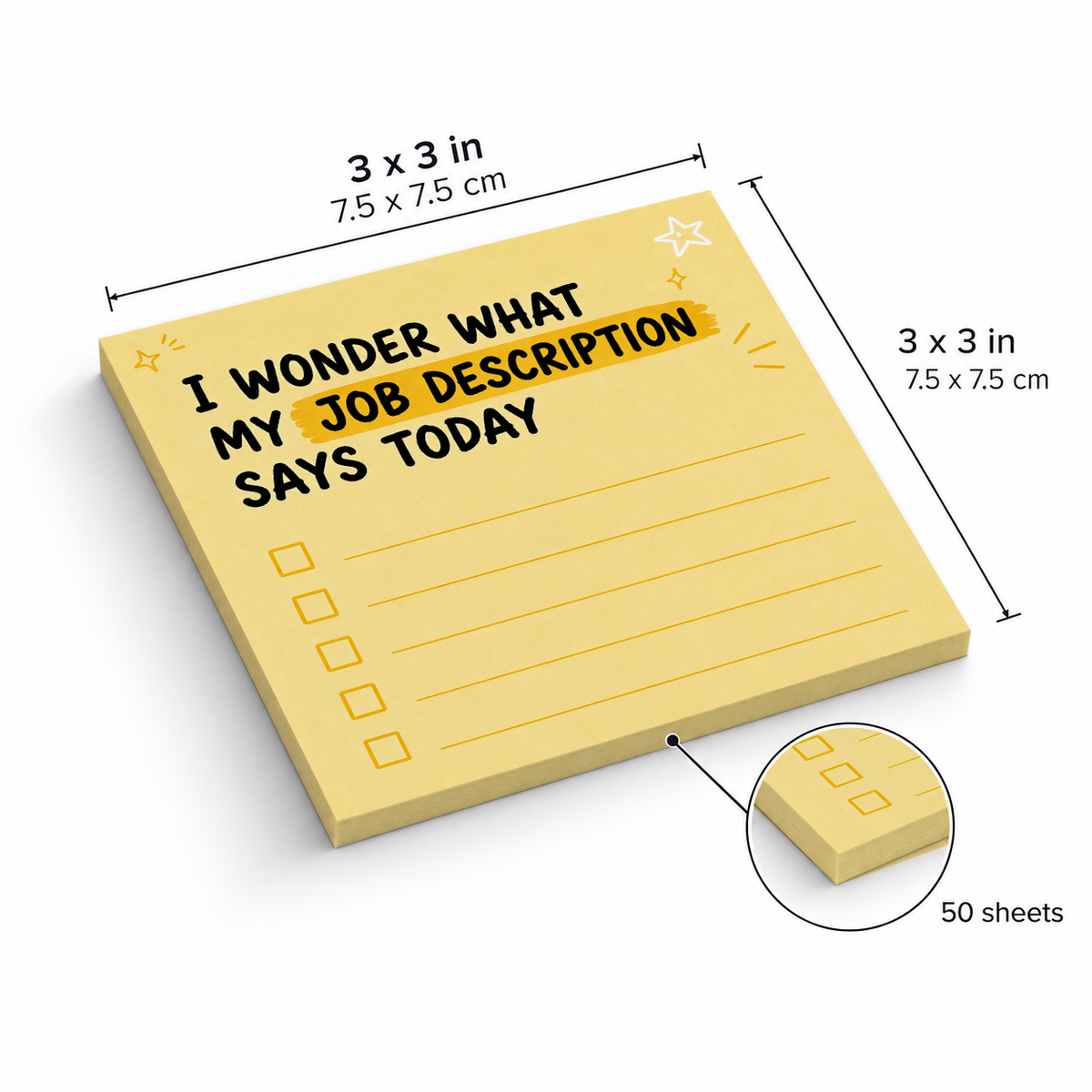 Job Description Yellow Checklist sticky notes, 3x3 in (7.5 x 7.5 cm), 50 sheets