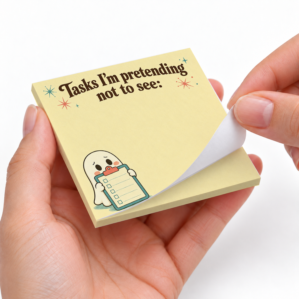 Pretending Not to See Ghost sticky notes styled with a planner and desk accessories