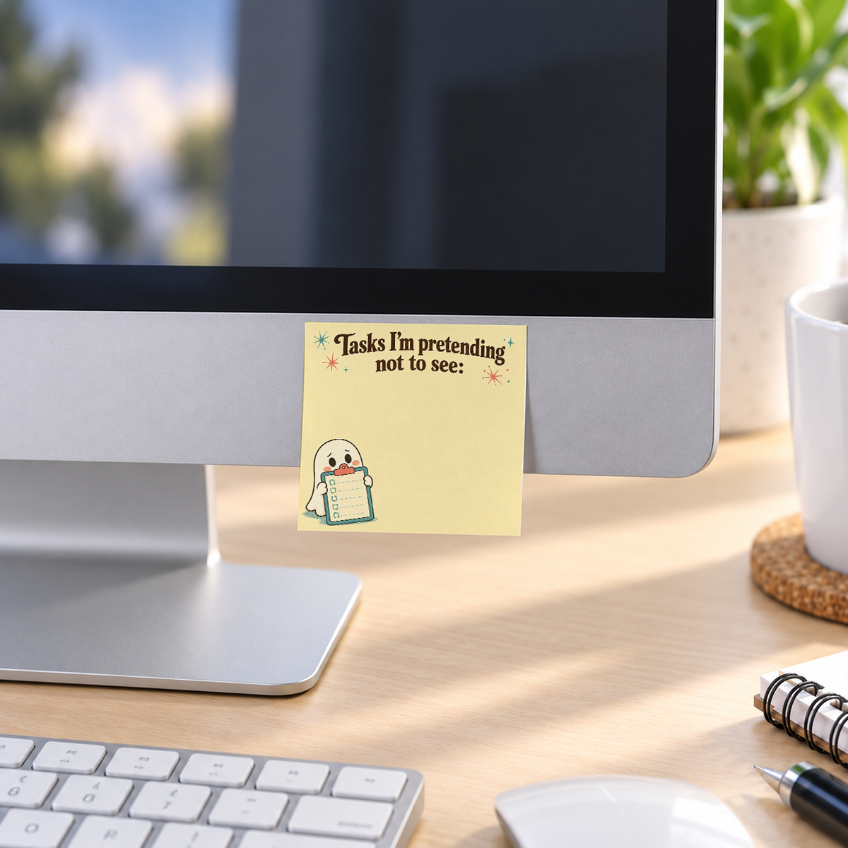 Pretending Not to See Ghost memo pad in an office or home workspace