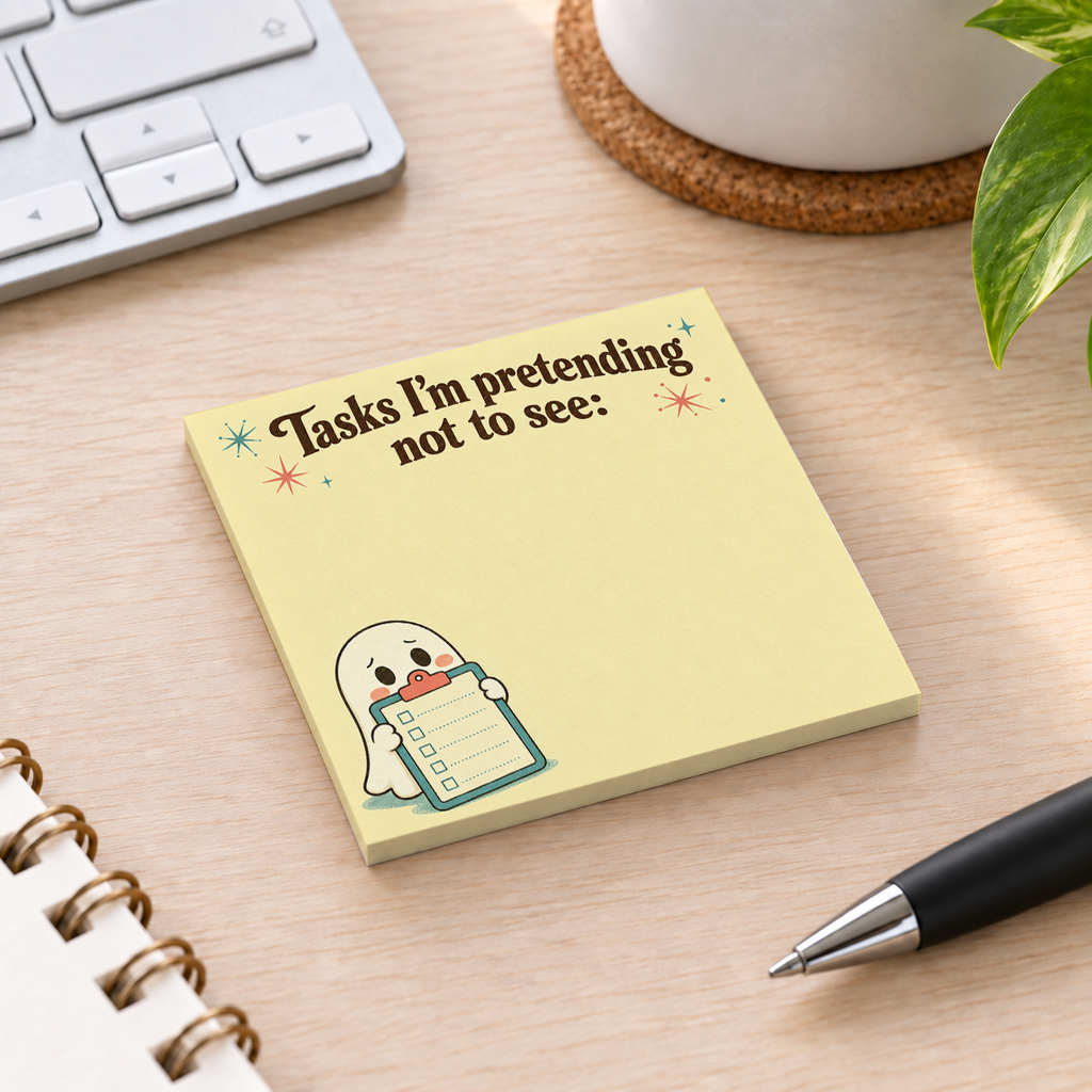 Close-up of Pretending Not to See Ghost sticky note design and writable area