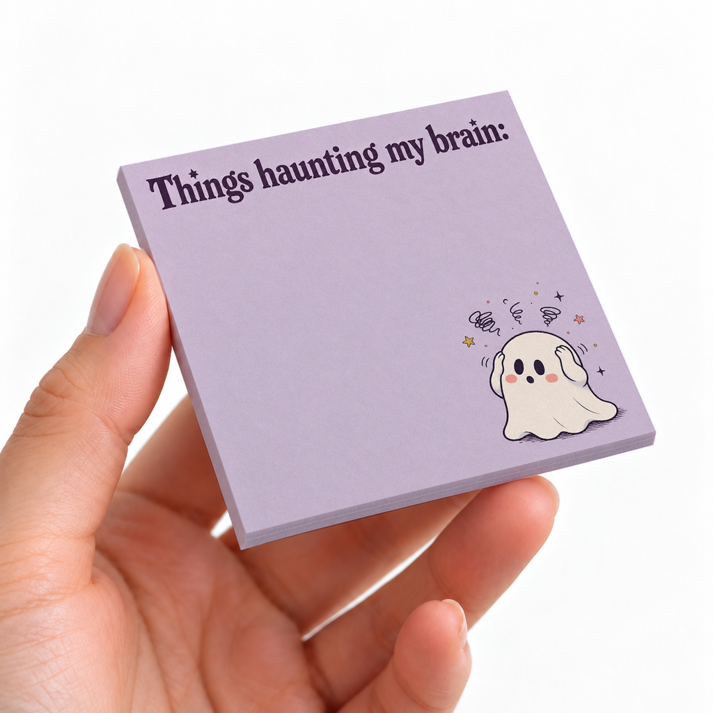 Haunting My Brain Ghost sticky note pad on a desk with stationery