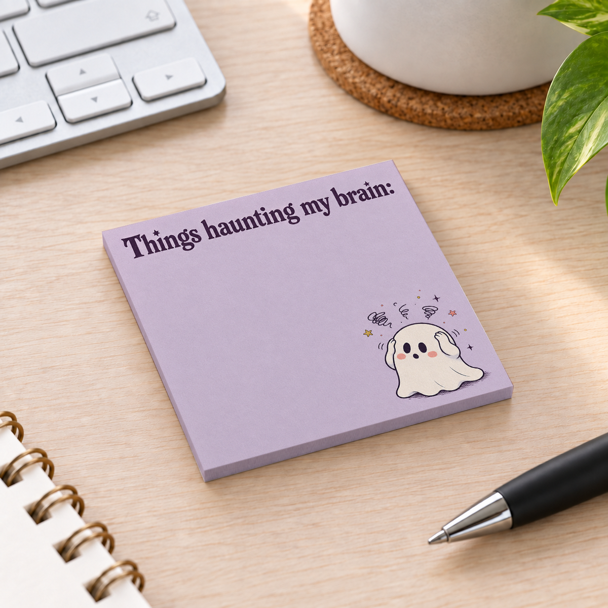 Close-up of Haunting My Brain Ghost sticky note design and writable area
