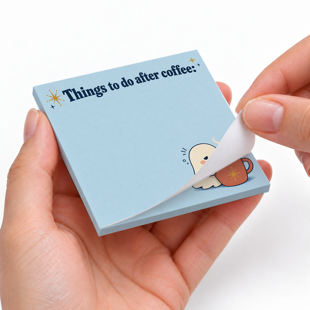 After Coffee Ghost sticky notes styled with a planner and desk accessories