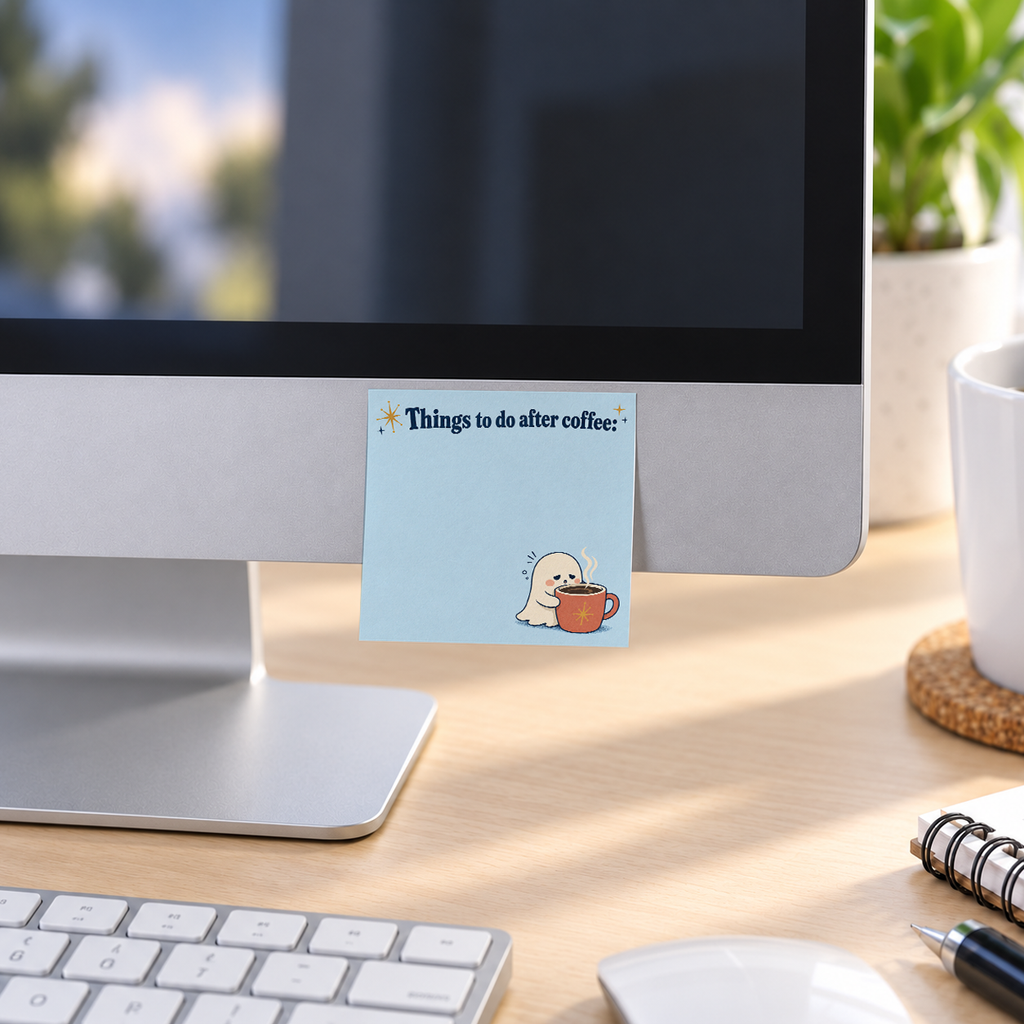 After Coffee Ghost memo pad in an office or home workspace