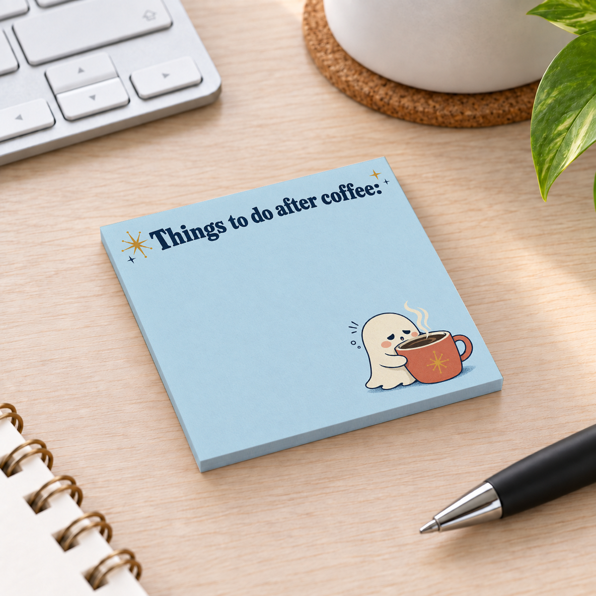 Close-up of After Coffee Ghost sticky note design and writable area