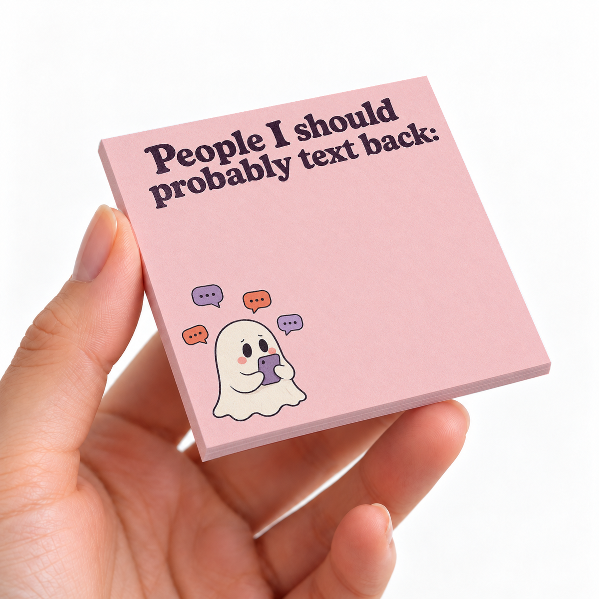 People to Text Back Ghost sticky note pad on a desk with stationery