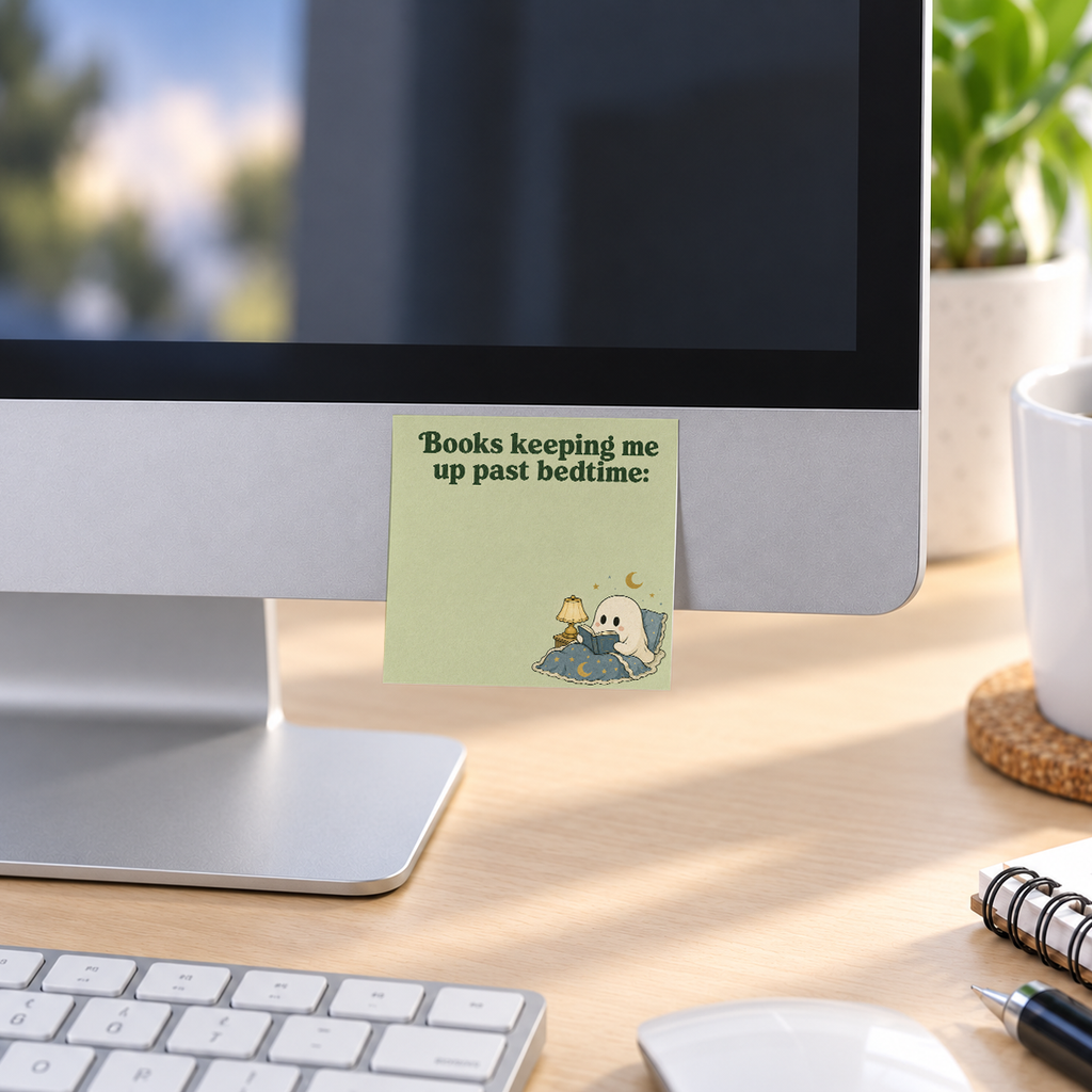 Books Keeping Me Up Ghost memo pad in an office or home workspace